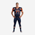 American football uniform sets for teams in navy and orange with flame shoulder cap, front and back view of 2-piece sublimated set