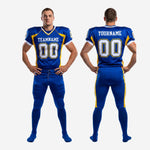 Size and specification sheet for custom American football uniforms with numbers in royal blue and gold showing youth through adult size run