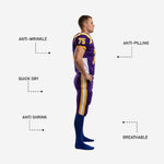 Full 2-piece purple and gold football uniform set showing jersey and matching pants together as worn by adult male player on game day