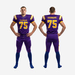 Size and specification sheet for custom purple and gold American football uniforms for schools covering youth and adult sizing
