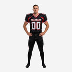 American football uniforms for teams in black and red sublimated design, front view showing white team name and number 00 on chest with red shoulder panels