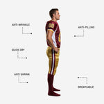 Back view of men's custom American football uniform in maroon and gold showing back number placement and white side panels