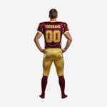 Opposite side view of custom maroon and gold football uniform set showing white side panel on jersey and matching leg stripe on gold pants