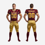 Size and spec sheet for custom maroon and gold American football uniforms with names and numbers, youth and adult sizing available