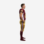 Men's custom American football uniform maroon and gold front view with V-neck collar, gold trim sleeve cuffs, and gold sublimated pants