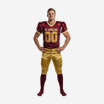 Custom American football uniforms with names and numbers in maroon and gold, front view showing team name and front number on sublimated jersey with gold pants