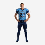 Custom american football uniforms with numbers in sky blue and navy showing team name on chest front number 23 and matching navy pants with blue side stripes