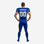 Opposite side view of custom American football uniforms with numbers showing matching gold shoulder panel and blue and gold pants stripe