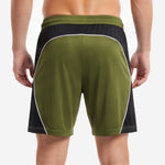 Back view of Army Green and Black custom green soccer shorts with white contrast piping and elastic waistband