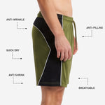 Side view of mens Army Green soccer shorts showing quick dry breathable fabric with anti-pilling and anti-wrinkle callouts