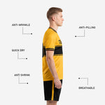 Side view of athletic gold black soccer kit showing anti-wrinkle quick-dry breathable fabric features