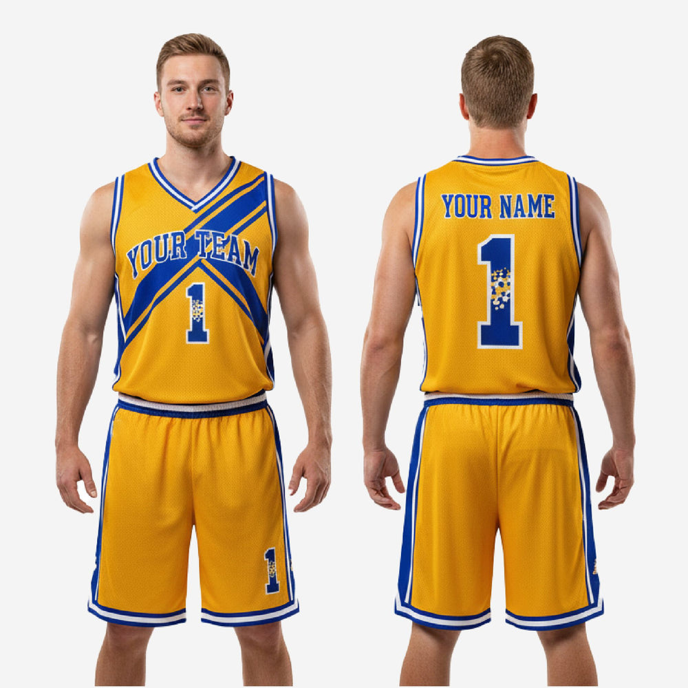 Gold & Royal Blue Retro Bball Uniforms | Custom Sublimated Kit