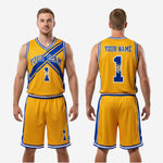 Athletic Gold and Royal Blue custom basketball complete uniform jersey and shorts set