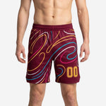 Custom basketball shorts for clubs in maroon with full-panel swirl print in gold, teal, pink, and white, gold number 00 on front leg