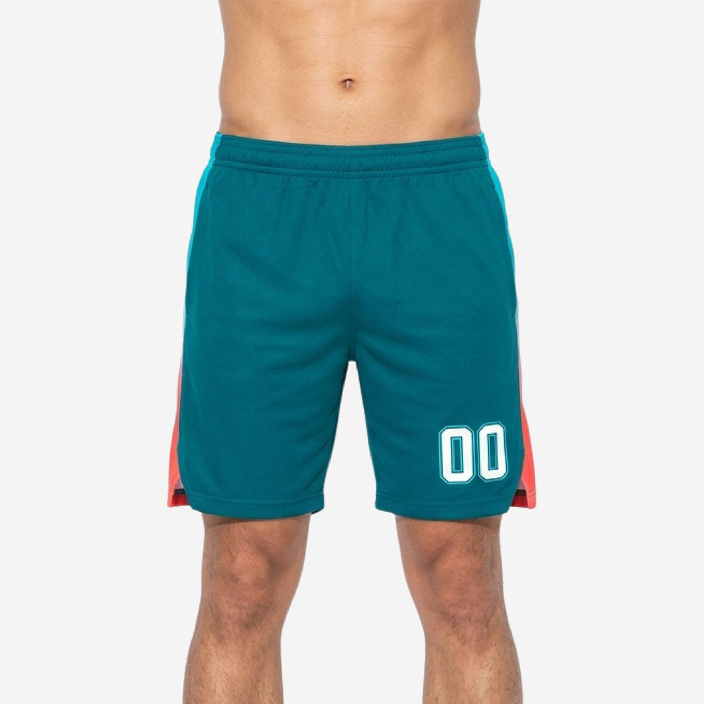 Side Panel Custom Basketball Shorts for Leagues in Teal and Coral