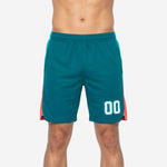 Basketball shorts for leagues in teal with a cyan-to-coral gradient side panel and white player number on the front thigh, front view