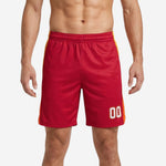 Basketball shorts for schools in red with a full-length gold-to-orange gradient side panel and white player number 00 on the lower left thigh, front view