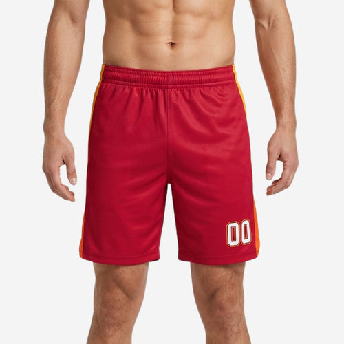 Basketball shorts for schools in red with a full-length gold-to-orange gradient side panel and white player number 00 on the lower left thigh, front view