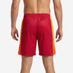 Back view of sublimated red basketball shorts for schools with gold gradient side panel and back number print zone