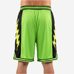 Back view of custom neon green and black basketball shorts with side panels and triple stripe hem detail