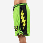 Opposite side view of black and neon green basketball shorts with side panels showing V-notch hem split and stripe waistband