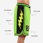Size and specification sheet for custom neon green and black basketball shorts with side panels, youth through adult sizing