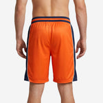 Custom basketball shorts with side panels in orange and navy showing front number placement and two-tone elastic waistband