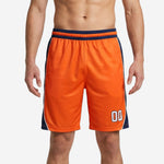 Front view of orange and navy custom basketball shorts with side panels and player number 00 at lower left leg