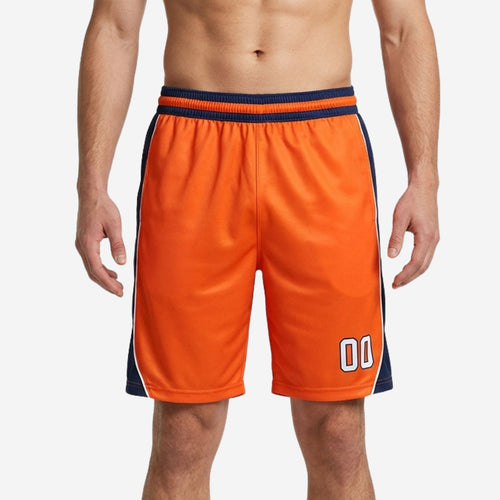 Front view of orange and navy custom basketball shorts with side panels and player number 00 at lower left leg