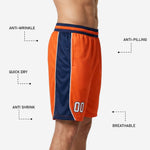 Right side view of custom team basketball shorts in orange and navy with contrasting side panel detail