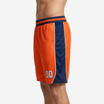 Size and spec sheet for custom basketball shorts with side panels in orange and navy for youth and adult rosters