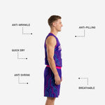 Back view of purple and pink sublimated basketball tournament uniform showing full player name and number placement