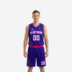 Basketball tournament uniforms in purple and pink with teal circuit-board side panel graphic, full two-piece set front view on male model