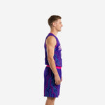 Custom basketball tournament uniforms purple and pink circuit design, sleeveless jersey with matching shorts, front view