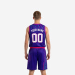 Opposite side view of custom purple basketball tournament uniform set with pink waistband and teal circuit-board graphic on shorts