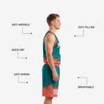 Back view of custom sublimated teal and orange basketball uniform showing back number and player name placement on jersey