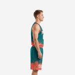 Teal and orange custom basketball tournament uniform two-piece set showing V-neck jersey with coral binding and matching shorts with splash hem graphic, front angle