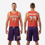 Basketball uniform maker K2 Sportswear orange purple full set with matching number placement