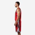 Basketball uniform set red and black side view showing white panel detail on shorts and striped neckline