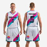 Full blank basketball uniform kit white hot pink aqua retro sunset design jersey and shorts set