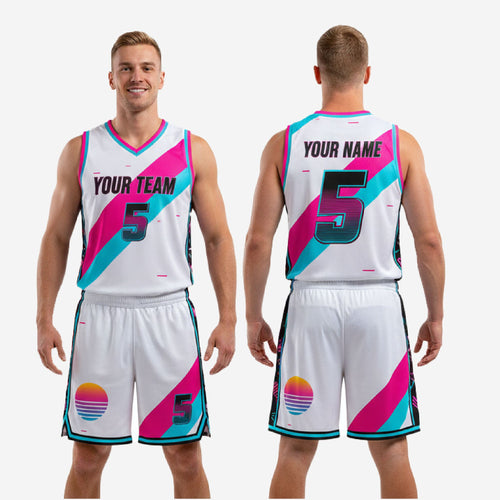 Full blank basketball uniform kit white hot pink aqua retro sunset design jersey and shorts set