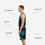 Back view of the black and blue reversible basketball jersey showing player name and back number placement on both sides