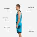 Close-up detail of the V-neck binding and armhole trim on the black and blue reversible basketball uniform