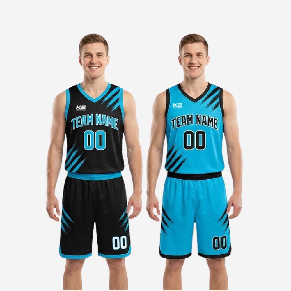 V-Neck Custom Black and Blue Reversible Basketball Uniforms