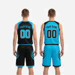 Size and specification sheet for the custom black and blue reversible basketball uniform set