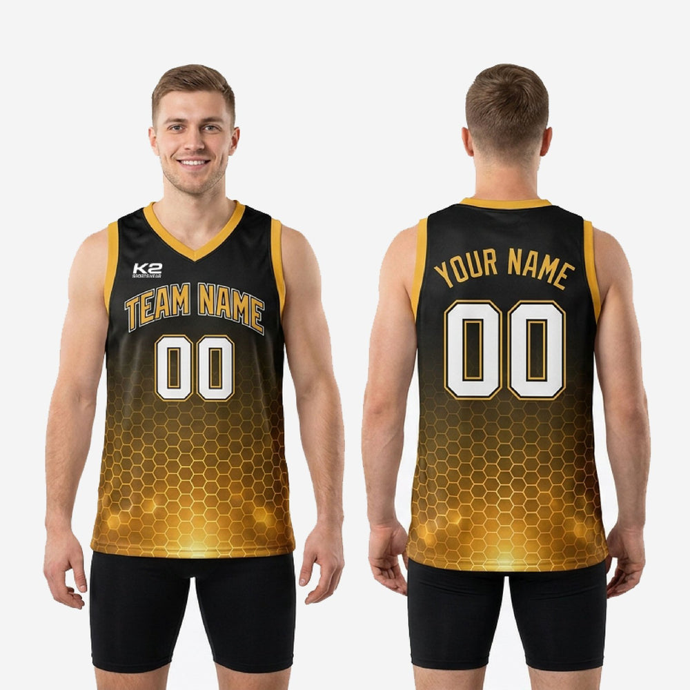 Black and Gold Basketball Jerseys in Hex Fade - Custom Names and Numbers
