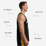 Back view of custom black and gold basketball jersey with player name and back number in white and gold on solid black panel