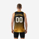 Side view of custom black and gold basketball jersey showing sleeveless cut, gold armhole binding, and straight hem at tuck-in length