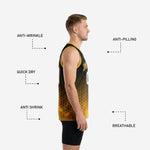 Opposite side view of black and gold sublimated basketball jersey showing hex pattern gradient from black chest to gold hem with clean seam detail