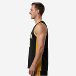 Side view of black and gold basketball jersey showing full-length gold side panel and double-stripe armhole binding